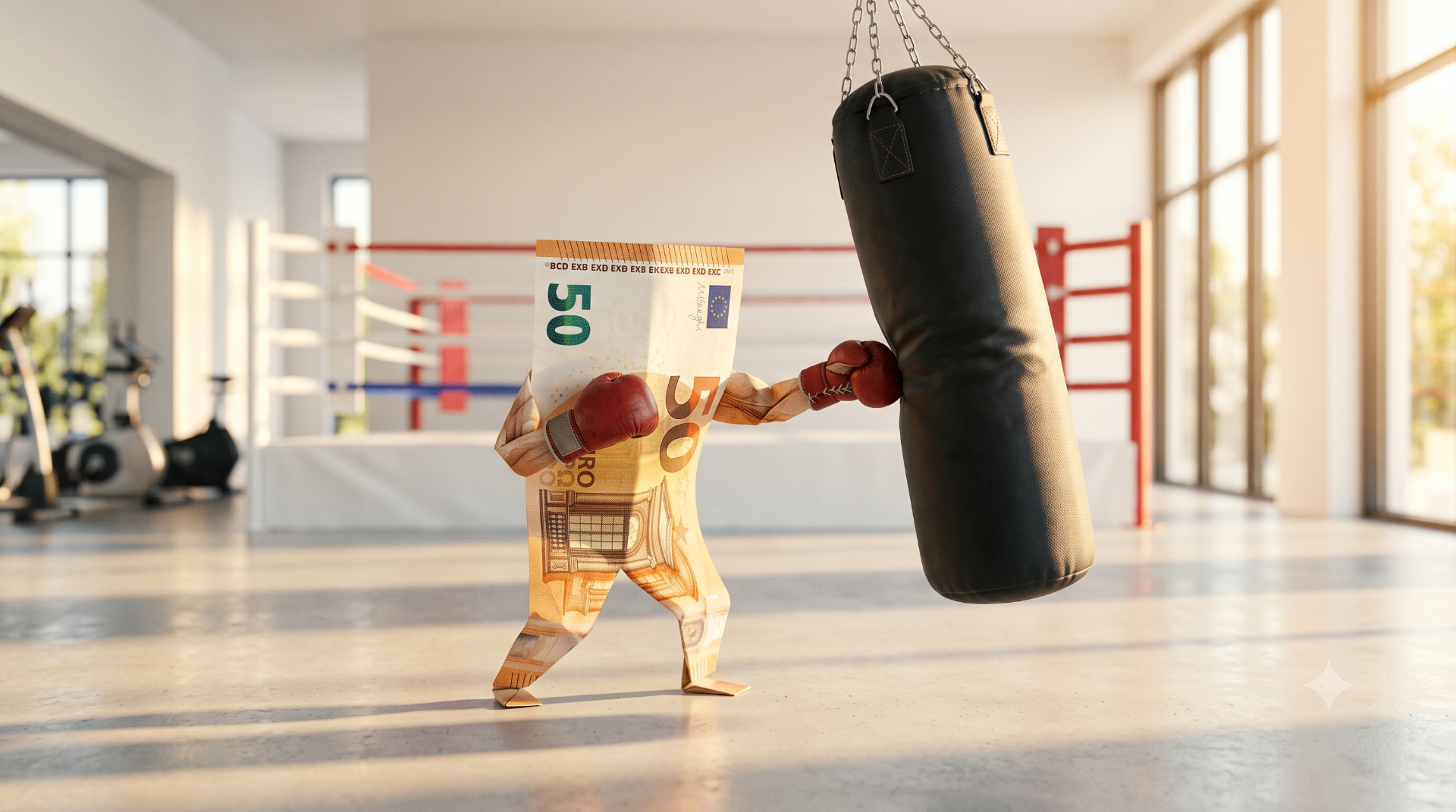 Tarifs club de boxe Lyon 2026 : billet de 50 euros gantés frappant un sac de frappe