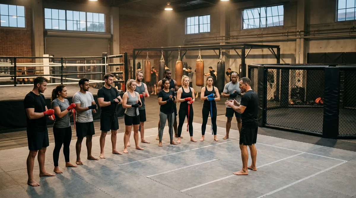 Cours collectif de sport de combat à Villeurbanne : groupe de débutants et coach sur les tatamis, ring et cage en arrière-plan